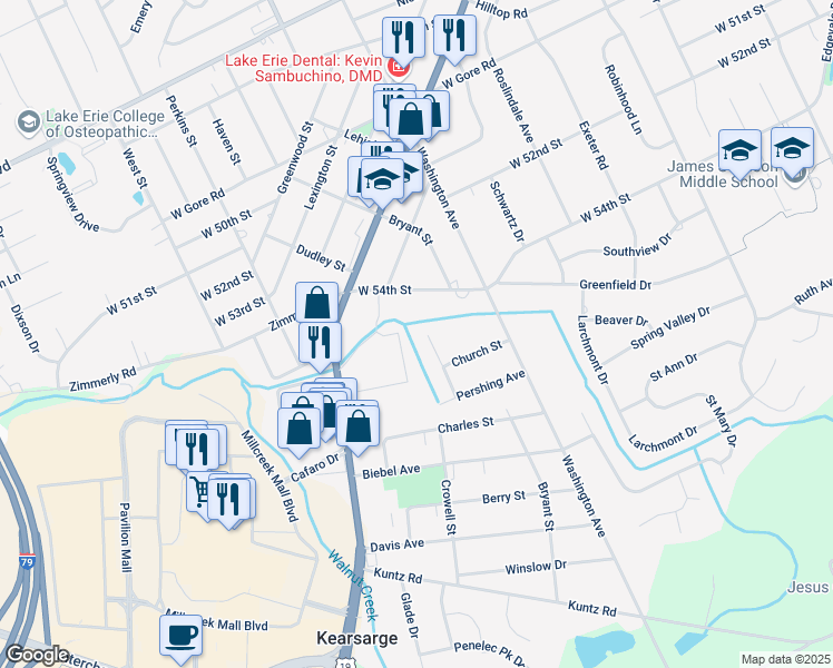 map of restaurants, bars, coffee shops, grocery stores, and more near 5414 Patton Street in Erie