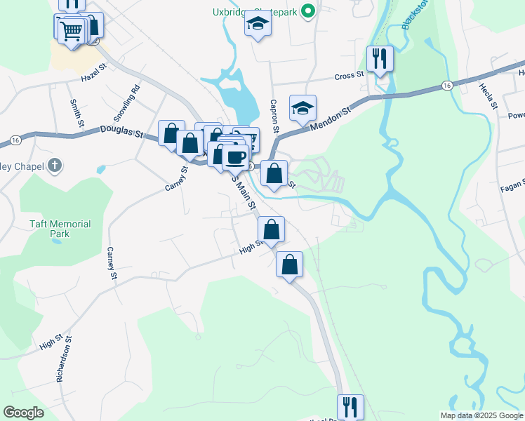 map of restaurants, bars, coffee shops, grocery stores, and more near 32 South Main Street in Uxbridge
