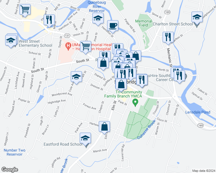 map of restaurants, bars, coffee shops, grocery stores, and more near 38 Chapin Street in Southbridge
