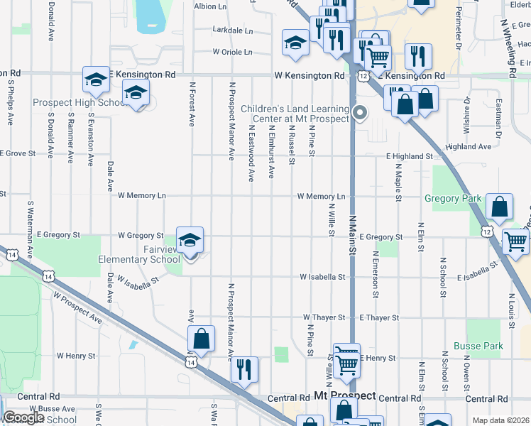 map of restaurants, bars, coffee shops, grocery stores, and more near 418 North Elmhurst Avenue in Mount Prospect