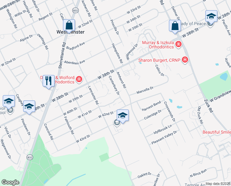 map of restaurants, bars, coffee shops, grocery stores, and more near 4009 Canterbury Drive in Erie