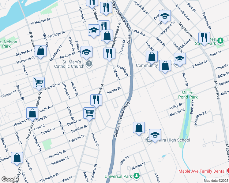 map of restaurants, bars, coffee shops, grocery stores, and more near 211 Juanita St in Elmira