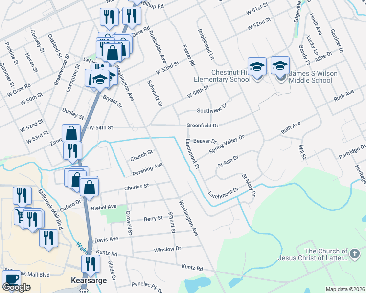 map of restaurants, bars, coffee shops, grocery stores, and more near 5536 Larchmont Dr in Erie