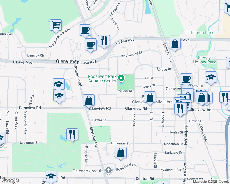 map of restaurants, bars, coffee shops, grocery stores, and more near 2300 Linden Leaf Drive in Glenview