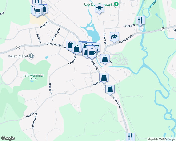 map of restaurants, bars, coffee shops, grocery stores, and more near 36 Pleasant Street in Uxbridge