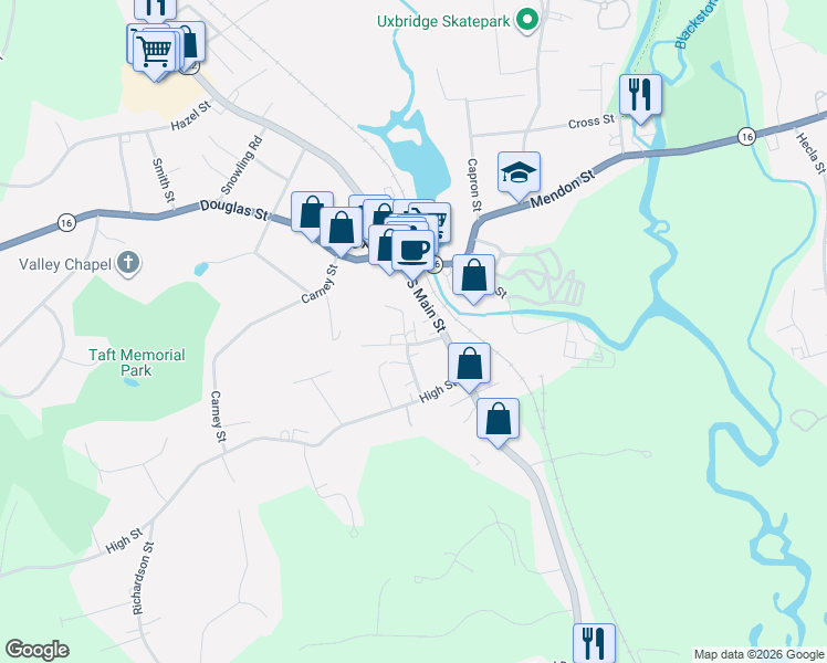 map of restaurants, bars, coffee shops, grocery stores, and more near 45 Pleasant Street in Uxbridge