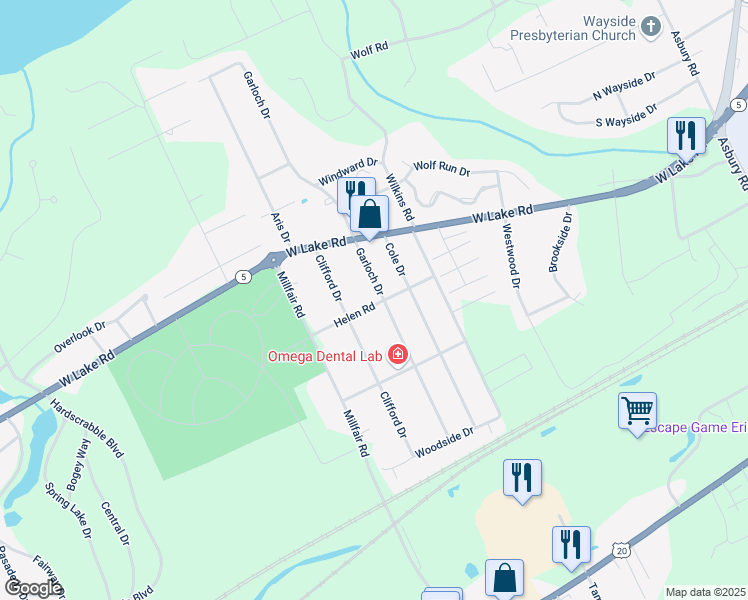 map of restaurants, bars, coffee shops, grocery stores, and more near 1637 Garloch Dr in Erie