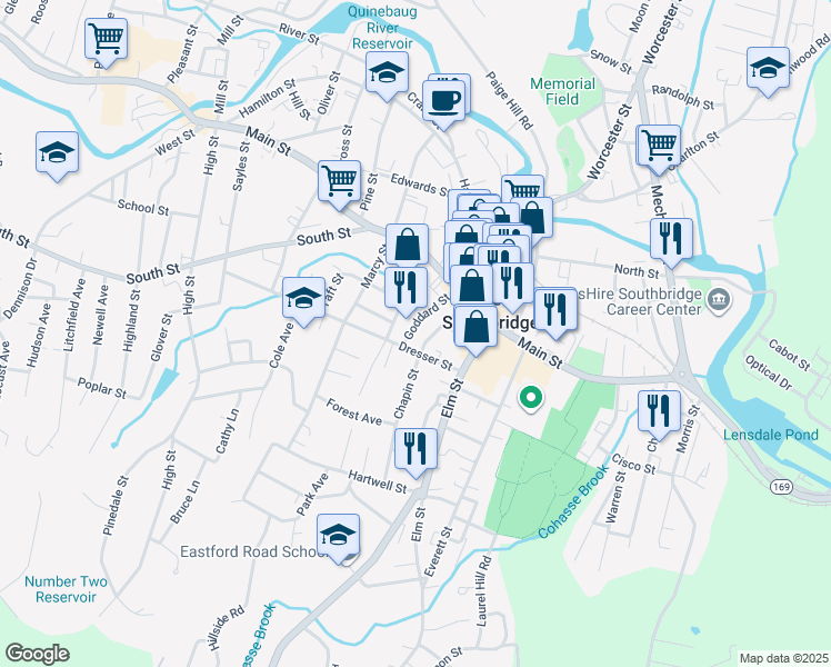 map of restaurants, bars, coffee shops, grocery stores, and more near 61 Goddard Street in Southbridge