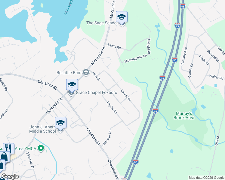map of restaurants, bars, coffee shops, grocery stores, and more near 18 Villa Drive in Foxborough