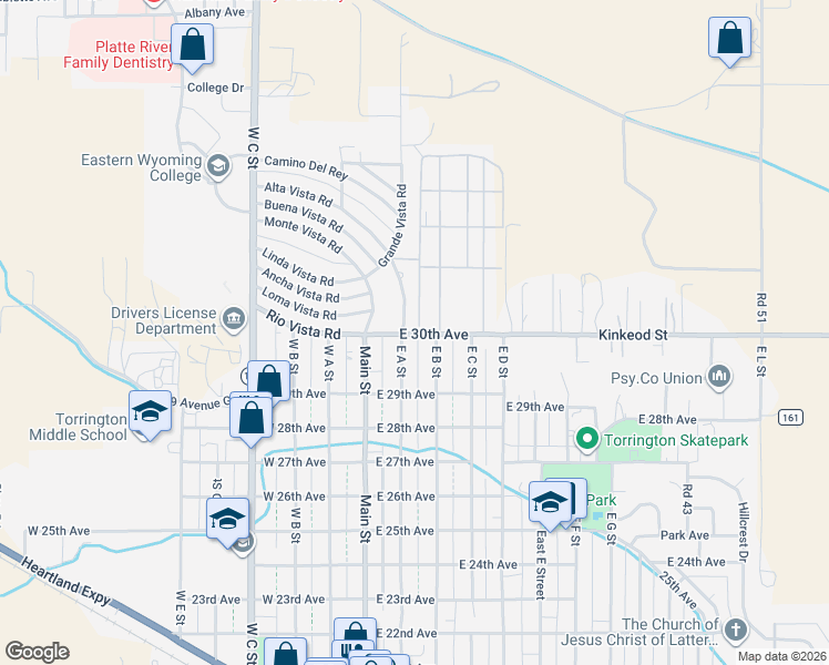 map of restaurants, bars, coffee shops, grocery stores, and more near Uno Vista Rd in Torrington