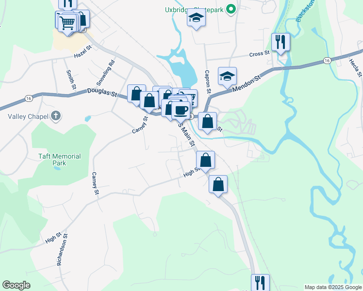map of restaurants, bars, coffee shops, grocery stores, and more near 45 Pleasant Street in Uxbridge