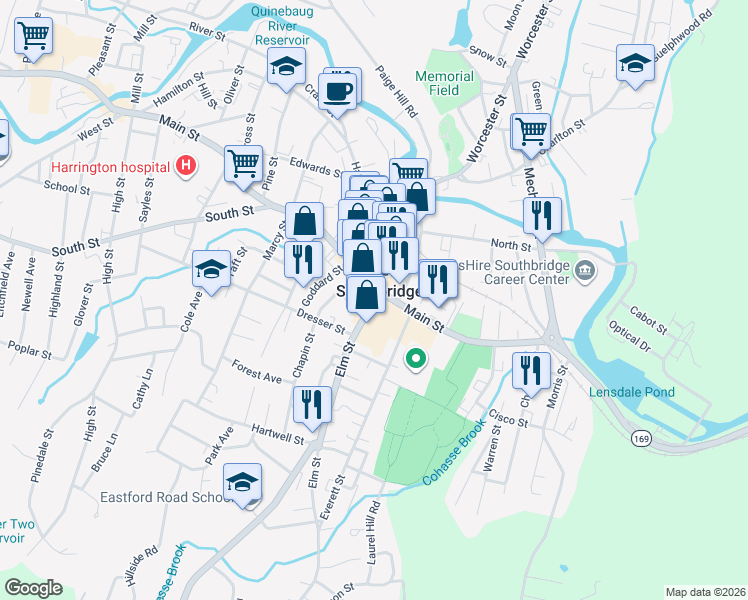 map of restaurants, bars, coffee shops, grocery stores, and more near 295 Main Street in Southbridge