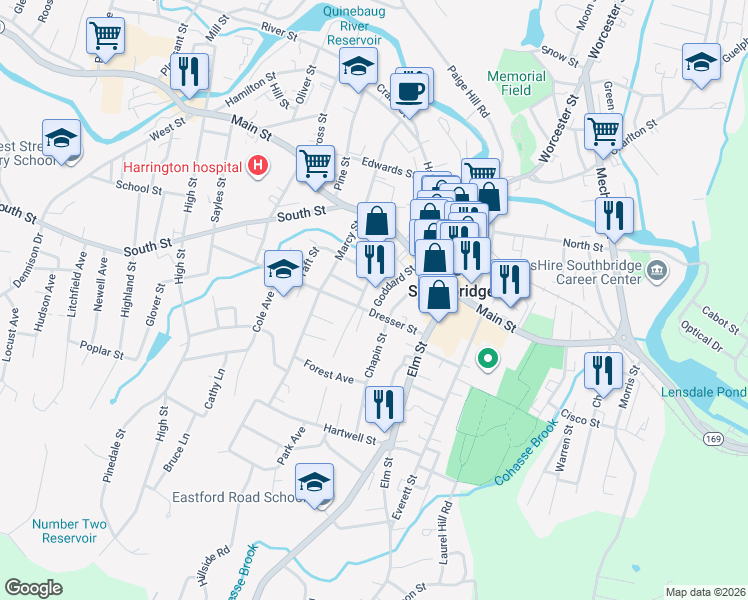 map of restaurants, bars, coffee shops, grocery stores, and more near 15 Franklin Street in Southbridge