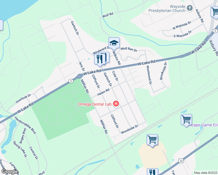 map of restaurants, bars, coffee shops, grocery stores, and more near 1637 Garloch Dr in Erie