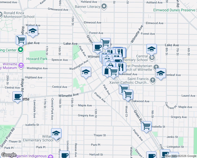 map of restaurants, bars, coffee shops, grocery stores, and more near 1242 Wilmette Avenue in Wilmette