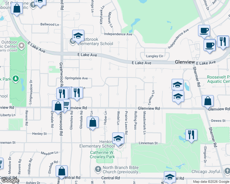 map of restaurants, bars, coffee shops, grocery stores, and more near 1103 Huber Lane in Glenview