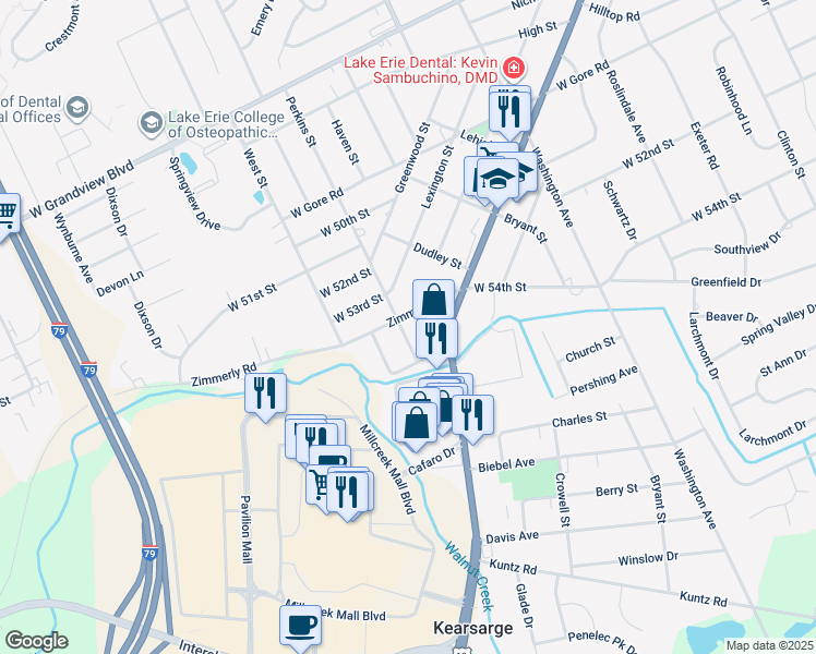 map of restaurants, bars, coffee shops, grocery stores, and more near 1767 Zimmerly Rd in Erie