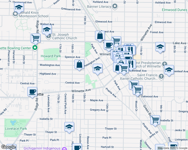 map of restaurants, bars, coffee shops, grocery stores, and more near 649 Prairie Avenue in Wilmette