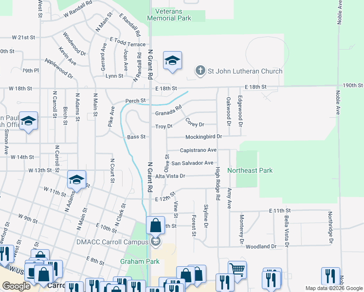 map of restaurants, bars, coffee shops, grocery stores, and more near 614 Mockingbird Drive in Carroll