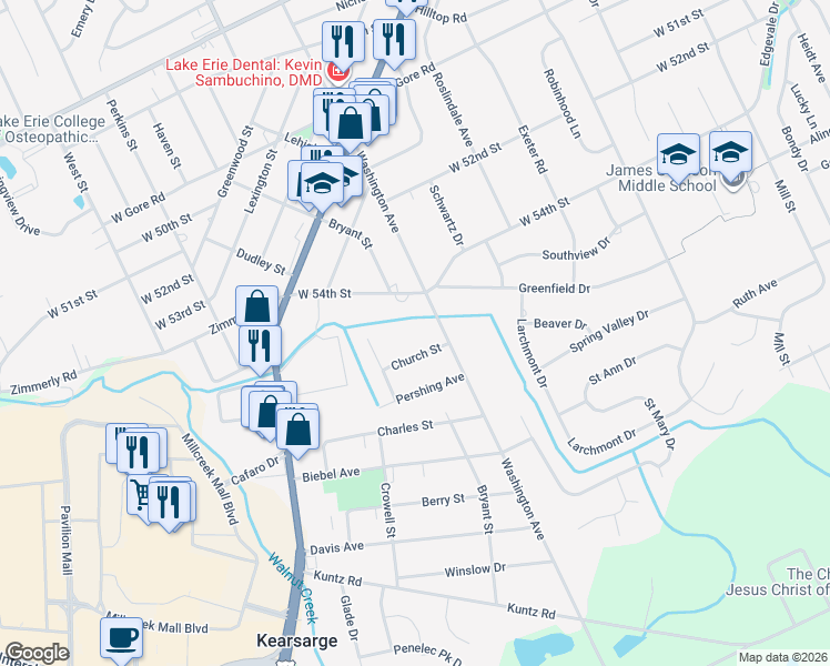 map of restaurants, bars, coffee shops, grocery stores, and more near 5440 Washington Ave in Erie
