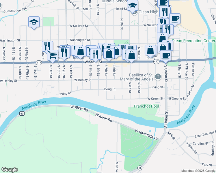 map of restaurants, bars, coffee shops, grocery stores, and more near 223 South 7th Street in Olean