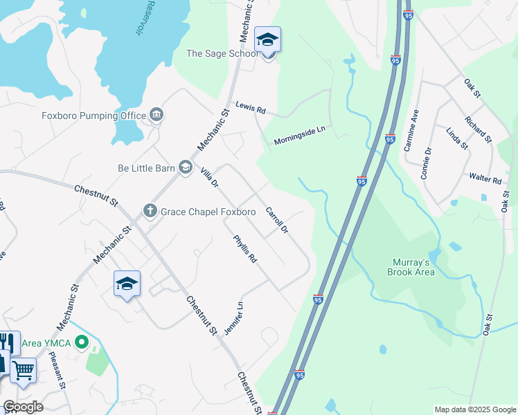 map of restaurants, bars, coffee shops, grocery stores, and more near 27 Carroll Drive in Foxborough