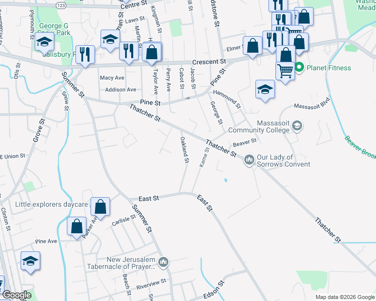 map of restaurants, bars, coffee shops, grocery stores, and more near 48 Oakland Street in Brockton