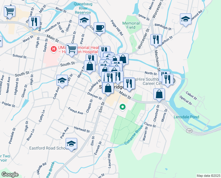 map of restaurants, bars, coffee shops, grocery stores, and more near 24 Elm Street in Southbridge