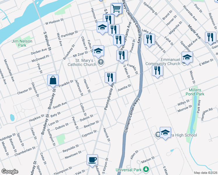 map of restaurants, bars, coffee shops, grocery stores, and more near 600 Pennsylvania Avenue in Elmira