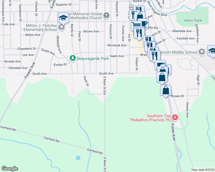 map of restaurants, bars, coffee shops, grocery stores, and more near 1754 South Main Street Extension in Jamestown