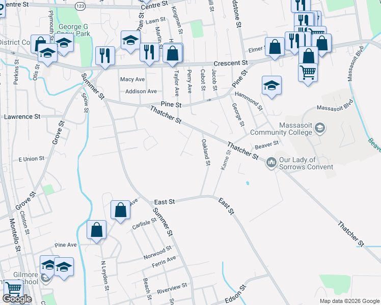 map of restaurants, bars, coffee shops, grocery stores, and more near 10 Wilbur Avenue in Brockton