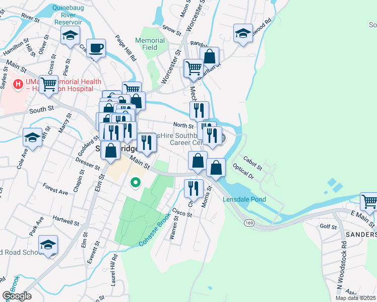 map of restaurants, bars, coffee shops, grocery stores, and more near 1 Mechanic Street in Southbridge