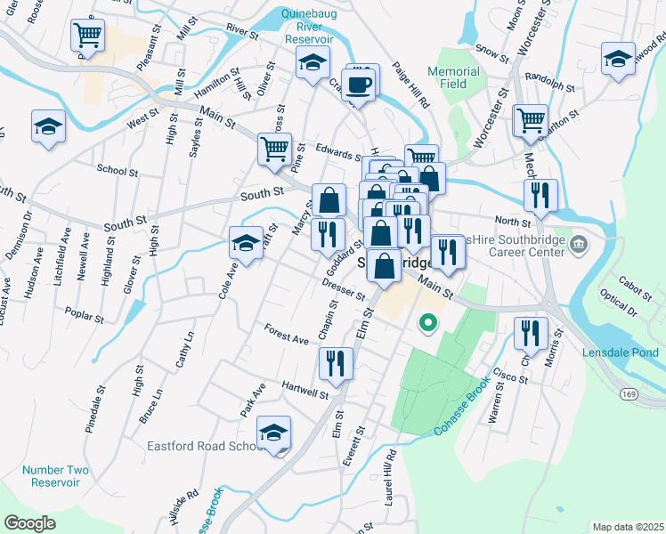 map of restaurants, bars, coffee shops, grocery stores, and more near 38 Chapin Street in Southbridge