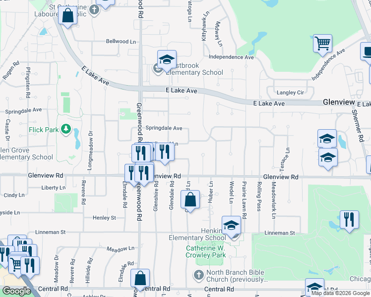 map of restaurants, bars, coffee shops, grocery stores, and more near 3057 Knollwood Lane in Glenview