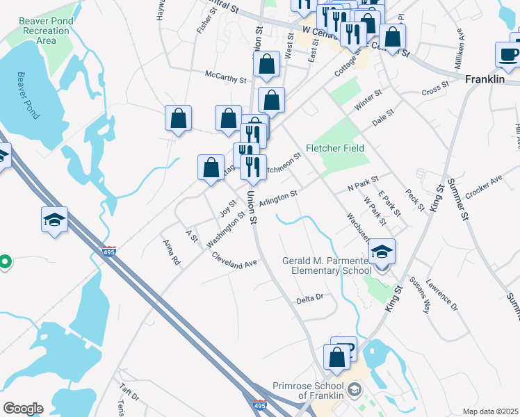 map of restaurants, bars, coffee shops, grocery stores, and more near 76 Arlington Street in Franklin