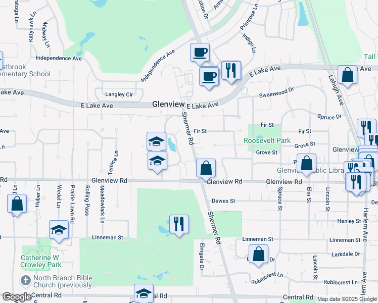 map of restaurants, bars, coffee shops, grocery stores, and more near 1110 Shermer Road in Glenview