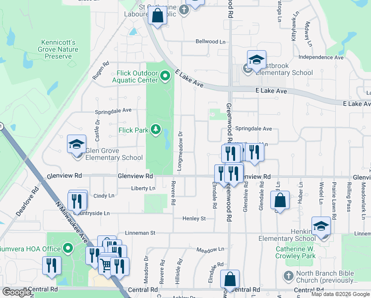 map of restaurants, bars, coffee shops, grocery stores, and more near 1110 Highland Lane in Glenview