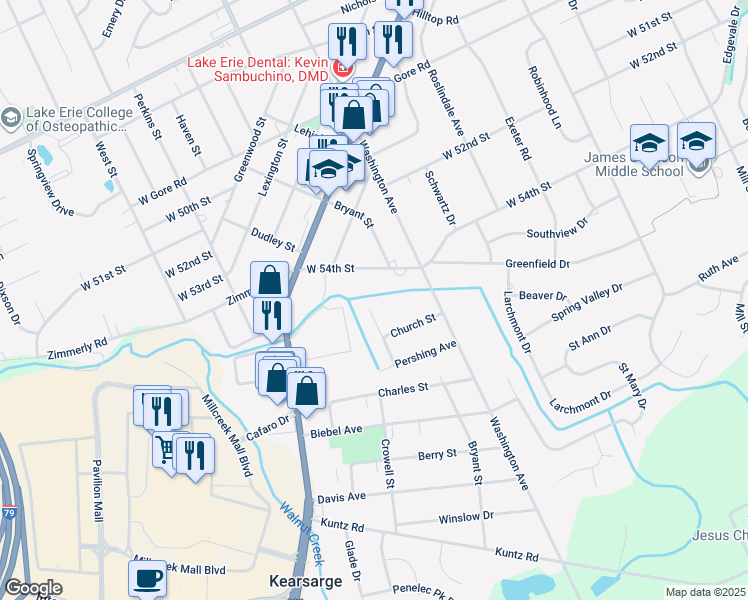 map of restaurants, bars, coffee shops, grocery stores, and more near 5415 Patton St in Erie