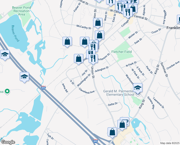 map of restaurants, bars, coffee shops, grocery stores, and more near 9 Washington Street in Franklin