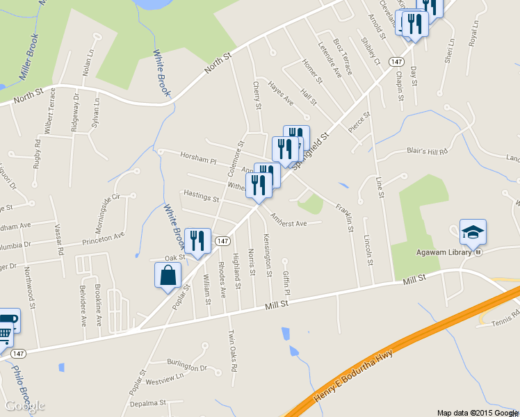 map of restaurants, bars, coffee shops, grocery stores, and more near 99 Amherst Avenue in Agawam