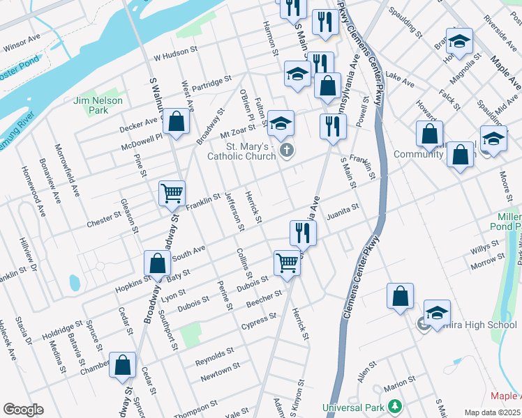 map of restaurants, bars, coffee shops, grocery stores, and more near 519 Herrick Street in Elmira