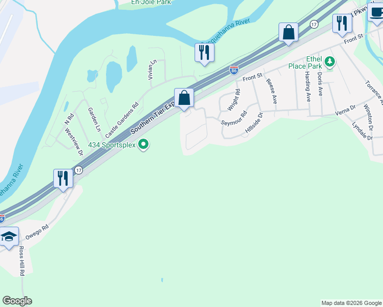 map of restaurants, bars, coffee shops, grocery stores, and more near 1621 Parkwood Rd in Vestal