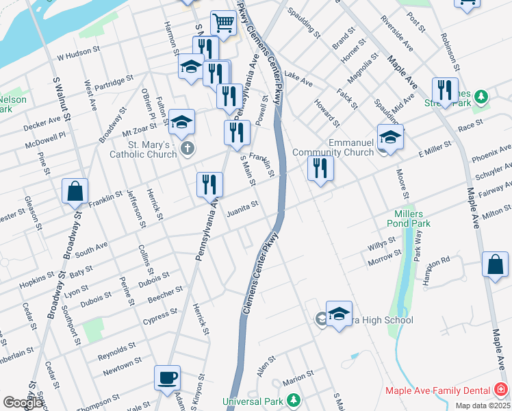 map of restaurants, bars, coffee shops, grocery stores, and more near 211 Juanita Street in Elmira