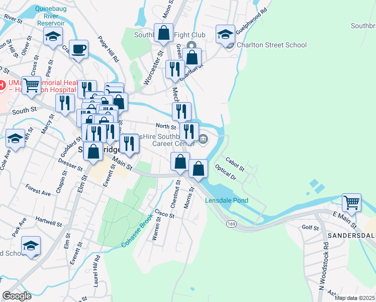 map of restaurants, bars, coffee shops, grocery stores, and more near 14 Mechanic Street in Southbridge