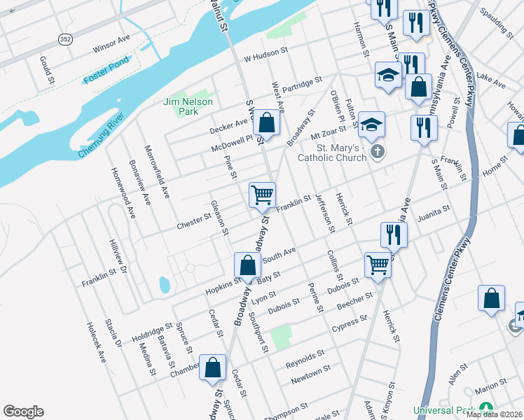 map of restaurants, bars, coffee shops, grocery stores, and more near 455 Pine Street in Elmira