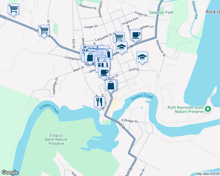 map of restaurants, bars, coffee shops, grocery stores, and more near 210 Partition Street in Saugerties