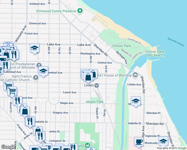 map of restaurants, bars, coffee shops, grocery stores, and more near 343 Greenleaf Avenue in Wilmette