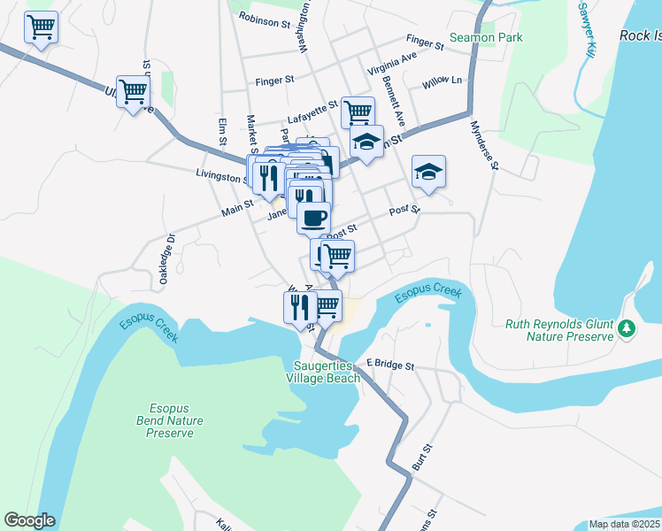 map of restaurants, bars, coffee shops, grocery stores, and more near 213 Partition Street in Saugerties