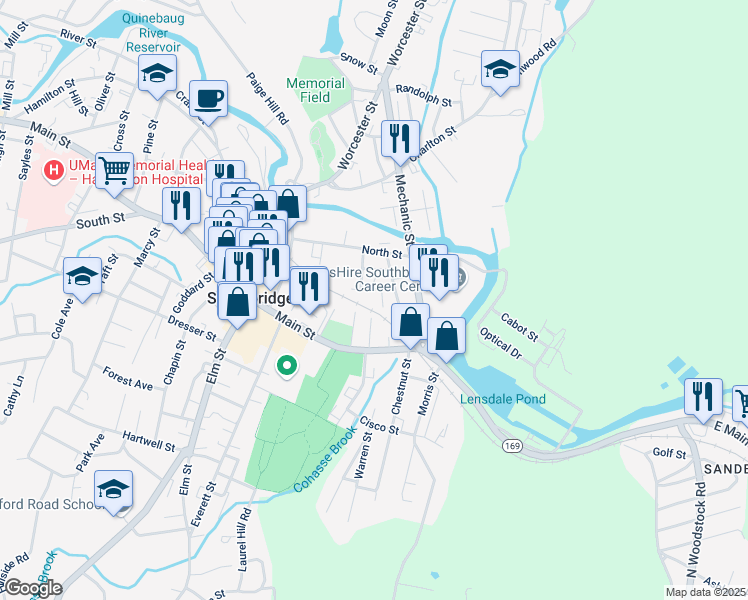 map of restaurants, bars, coffee shops, grocery stores, and more near 45 Lens Street in Southbridge