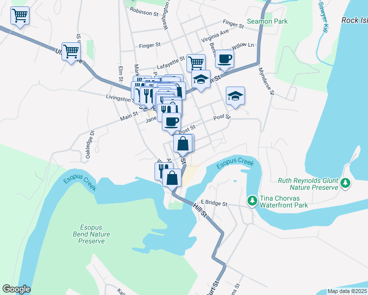 map of restaurants, bars, coffee shops, grocery stores, and more near 22 Clermont Street in Saugerties